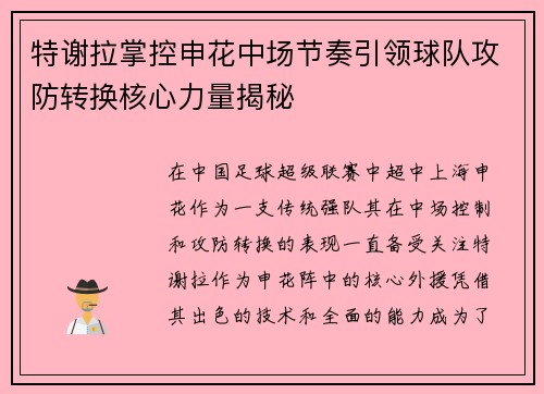 特谢拉掌控申花中场节奏引领球队攻防转换核心力量揭秘